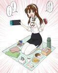  1girl ashigara_(kancolle) ashigara_kai_ni_(kancolle) bento black_skirt brown_eyes brown_hair commentary_request cup disposable_cup dress_shirt emphasis_lines fang food hairband handheld_game_console highres holding holding_handheld_game_console joy-con kantai_collection long_hair multicolored_ascot nemurakka nintendo_switch pantyhose pencil_skirt picnic seiza shirt side_slit sitting skirt sleeves_rolled_up solo thermos wavy_hair white_pantyhose white_shirt 