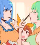  3girls :o bangs blue_hair blush breasts brown_eyes brown_hair cleavage closed_eyes colored_eyelashes food frills green_hair hair_ribbon holding large_breasts long_hair mouth_hold multiple_girls open_mouth orange_eyes original pocky pocky_day ribbon tomamatto upper_body 