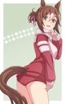  1girl :d animal_ears ass breasts brown_hair buruma e20 fine_motion_(umamusume) from_side green_background hair_bun hand_up highres horse_ears horse_girl horse_tail jacket long_sleeves looking_at_viewer looking_to_the_side multicolored_hair puffy_long_sleeves puffy_sleeves red_buruma red_jacket sleeves_past_wrists small_breasts smile solo tail tail_through_clothes track_jacket two-tone_background two-tone_hair umamusume white_background white_hair 