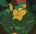  2022 alligator alligatorid anthro bdsm bondage bound bulge clothed clothing colored crocodilian digital_media_(artwork) five_nights_at_freddy&#039;s five_nights_at_freddy&#039;s:_security_breach green_body hair hi_res hole_(anatomy) knightferret male montgomery_gator_(fnaf) partially_clothed red_hair reptile restraints rope rope_bondage scalie scottgames shaded solo torn_clothing video_games 