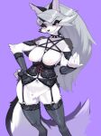  absurd_res anthro areola breasts canid canid_demon canine clothing collar demon female fur hair hellhound helluva_boss hi_res kame_3 looking_at_viewer loona_(helluva_boss) mammal nipples red_sclera smile solo spikes white_body white_fur 