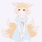  1girl animal_ear_fluff animal_ears aqua_dress arknights bangs blonde_hair blush closed_mouth dress fox_ears fox_girl fox_tail gloves green_eyes hair_rings hairband highres looking_at_viewer multicolored_hair multiple_tails nprmtp official_alternate_costume short_sleeves simple_background solo suzuran_(arknights) suzuran_(spring_praise)_(arknights) tail white_gloves white_hair 