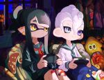  2girls bandaid bandaid_on_leg closed_mouth controller cushion ear_piercing game_controller hair_between_eyes heterochromia highres holding indoors inkling inkling_girl kumo_(kumo_hsc0216) light_purple_hair long_hair long_sleeves multiple_girls night octoling octoling_boy piercing playing_games pointy_ears purple_eyes sailor_collar school_uniform serafuku sitting smile splatoon_(series) splatoon_2 symbol-shaped_pupils tentacle_hair white_eyes window yellow_eyes 