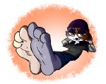  2022 3_toes anthro baggy_(artist) barefoot calico_cat clothed clothing digital_media_(artwork) domestic_cat epic_games feet felid feline felis female foot_fetish foot_focus fortnite fur hat headgear headwear hi_res humanoid_feet looking_at_viewer mammal meow_skulls_(fortnite) mottled open_mouth piebald simple_background smile solo toes topwear video_games 