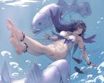 bare_shoulders barefoot bracelet closed_mouth den_(kur0_yuki) fate/grand_order fate_(series) fish highres in_water jewelry long_hair navel purple_eyes scathach_(fate) scathach_skadi_(fate) scathach_skadi_(swimsuit_ruler)_(fate) smile swimming swimsuit 
