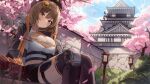  1girl 2gong_(9ujin_) absurdres anis_(nikke) black_shorts blush breasts brown_hair cherry_blossoms cleavage closed_mouth goddess_of_victory:_nikke hair_ornament hairpin hat highres jacket japanese_castle large_breasts open_clothes open_jacket outdoors shorts sitting smile solo thigh_strap thighhighs 