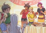  3boys 3girls :d ahoge bangs bare_arms bare_shoulders black_shirt blonde_hair bow bread breasts brother_and_sister brown_hair cake can candle cleavage collarbone commentary_request danganronpa_(series) danganronpa_2:_goodbye_despair dark-skinned_female dark_skin eyepatch food freckles from_behind green_hoodie hair_bow highres holding holding_can holding_food hood hoodie kuzuryuu_fuyuhiko kuzuryuu_natsumi large_breasts long_hair medical_eyepatch midori_(310ri_21) multiple_boys multiple_girls open_mouth orange_eyes pants pink_hair ponytail red_bow shiny shiny_hair shirt short_sleeves shorts siblings smile sonia_nevermind souda_kazuichi table teeth translation_request upper_teeth yellow_shirt 