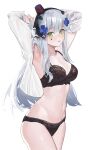  1girl absurdres armpits arms_up bangs black_bra black_panties blush bra breasts cleavage cowboy_shot girls&#039;_frontline green_eyes grey_hair groin hair_ornament hairband highres hk416_(girls&#039;_frontline) holding holding_hair lace lace_bra lace_panties long_hair long_sleeves looking_at_viewer medium_breasts navel nineye panties parted_lips shirt simple_background solo teardrop_facial_mark underwear white_background white_shirt 