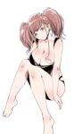  1girl atlanta_(kancolle) bangs bare_shoulders barefoot bikini black_bikini blush breasts brown_hair character_request closed_mouth collarbone commentary_request copyright_request earrings grey_hair jewelry kantai_collection large_breasts legs long_hair looking_at_viewer relaxjon sidelocks signature simple_background sitting solo star_(symbol) star_earrings swimsuit twintails white_background 
