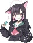  1girl animal_collar animal_ears bad_link bangs black_hair blue_archive cat_ears cat_girl collar collared_shirt colored_inner_hair crumbs eating food food_on_face hair_ornament hairpin halo hands_in_pockets heart highres holding holding_food hood hoodie jacket kazusa_(blue_archive) long_sleeves macaron medium_hair multicolored_hair pink_hair rrprrp shirt solo upper_body 