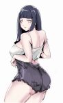  1girl ass bangs bare_shoulders blunt_bangs blush breasts commentary_request from_behind grey_hair grey_shorts highres hyuuga_hinata large_breasts lips long_hair looking_at_viewer looking_back naruto naruto_(series) parted_lips relaxjon shirt short_shorts shorts sidelocks signature simple_background sleeveless sleeveless_shirt solo standing white_background white_eyes white_shirt 