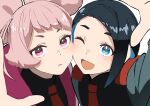  2girls ;d afro_puffs blue_eyes blue_hair cheek-to-cheek chuatury_panlunch closed_mouth dark_blue_hair frown gundam gundam_suisei_no_majo heads_together highres mobile_suit_gundam multiple_girls necktie nika_nanaura one_eye_closed open_mouth pink_eyes pink_hair portrait red_necktie reibun_(raven1119) school_uniform simple_background smile white_background 