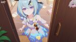  1girl bangs bare_shoulders blue_hair door dress griseo hat highres honkai_(series) honkai_impact_3rd indoors long_hair looking_at_viewer official_art parted_lips purple_eyes solo sundress twintails white_dress wooden_floor 