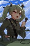  1girl absurdres anchovy_(girls_und_panzer) cloud cloudy_sky girls_und_panzer green_hair green_jacket ground_vehicle highres jacket military military_uniform military_vehicle motor_vehicle necktie open_mouth red_eyes riding_crop sky solo tamusuguru tank twintails uniform 