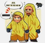  2boys absurdres among_us among_us_twerk_(meme) ass_shake beanie beard blue_eyes breaking_bad brown_facial_hair commentary cosplay english_commentary english_text facial_hair full_body goatee goggles green_eyes hat highres huyandere jesse_pinkman jesse_pinkman_(cosplay) jumpsuit male_focus meme multiple_boys speech_bubble standing walter_white yellow_(among_us) yellow_jumpsuit 