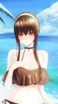  1girl absurdres bangs bare_shoulders beach bikini black_bikini black_choker black_hair blue_sky breasts choker cleavage closed_mouth cloud collarbone commission day earrings gold_earrings hain_(user_katu7583) hairband highres jewelry large_breasts long_hair looking_at_viewer navel ocean outdoros red_eyes short_hair_with_long_locks sidelocks sky solo spy_x_family stomach swimsuit upper_body wavy_mouth white_hairband yor_briar 