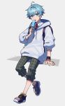  1boy ahoge backpack bag bangs blue_eyes blue_hair chongyun_(genshin_impact) eating eyebrows_hidden_by_hair food genshin_impact hair_between_eyes highres holding holding_food hood hooded_jacket jacket looking_at_viewer menma222 necktie popsicle popsicle_stick shirt short_hair simple_background solo white_background 