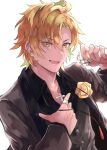  1boy :d absurdres black_shirt blonde_hair boutonniere collared_shirt colored_inner_hair cowlick cross cross_necklace curtained_hair earrings flower flower_earrings green_hair grey_jacket grey_vest hair_between_eyes hand_on_own_chest highres holding holding_microphone hypnosis_mic izanami_hifumi jacket jewelry lapels looking_at_viewer lower_teeth male_focus microphone multicolored_hair necklace open_collar pendant ring rose shawl_lapels shirt simple_background smile solo stud_earrings teeth upper_body vest white_background yellow_eyes yellow_flower yellow_rose yonagi 