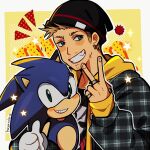  2boys absurdres artist_name beanie black_shirt blue_eyes border breaking_bad commentary earrings english_commentary furry furry_male green_eyes grin hat highres huyandere jesse_pinkman jewelry looking_at_viewer male_focus multiple_boys print_shirt ring shirt short_hair skull_print smile sonic_(series) sonic_the_hedgehog sparkle thumbs_up upper_body v white_border 
