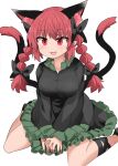  1girl :d animal_ear_fluff animal_ears bangs black_bow black_tail bow braid breasts cat_ears chups dress fang frilled_dress frills hair_bow highres kaenbyou_rin long_sleeves nail_polish nekomata red_eyes red_hair red_nails sitting smile solo tail touhou twin_braids v_arms wariza white_background 
