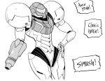  1girl absurdres arm_cannon armor bb_(baalbuddy) covered_face cowboy_shot cropped_legs english_commentary english_text hand_on_hip helmet highres metroid monochrome pauldrons samus_aran shoulder_armor solo standing varia_suit weapon 