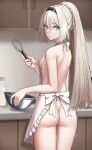  1girl absurdres an-94_(girls&#039;_frontline) apron aqua_eyes ass back bare_arms bare_shoulders blonde_hair braid breasts closed_mouth commission covered_nipples cowboy_shot frilled_apron frills from_behind girls&#039;_frontline hair_between_eyes hairband highres holding holding_utensil holding_whisk indoors long_hair looking_at_viewer looking_back medium_breasts naked_apron ponytail sideboob sidelocks skeb_commission solo standing very_long_hair whisk white_apron yakob_labo 