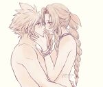  1boy 1girl aerith_gainsborough ancotsubu arms_around_waist artist_name bangle bangs blush bracelet braid braided_ponytail breasts choker cloud_strife couple final_fantasy final_fantasy_vii final_fantasy_vii_remake hair_between_eyes hair_ribbon hands_on_own_cheeks hands_on_own_face hetero highres jewelry long_hair looking_at_another medium_breasts muted_color nude parted_bangs parted_lips ribbon short_hair sidelocks spiked_hair twitter_username upper_body wavy_hair yellow_background 