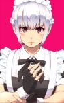  1girl bangs black_eyes black_gloves black_ribbon blunt_bangs blush ckln closed_mouth fingerless_gloves frills gloves looking_at_viewer maid neck_ribbon original red_background ribbon serious short_hair short_sleeves simple_background solo upper_body white_hair wrist_cuffs 