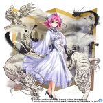  1girl bandaged_arm bandages bird black_footwear bun_cover chain copyright double_bun dragon dress eagle flower hair_bun hand_on_hip high_heels ibaraki_kasen long_sleeves looking_at_viewer official_alternate_costume official_art pink_eyes pink_hair rose rotte_(1109) smile solo sparkle tiger touhou touhou_lost_word transparent_background white_dress white_flower white_rose wide_sleeves 