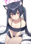  1girl 2022 :&lt; absurdres animal_ear_fluff animal_ears bangs blue_archive blue_ribbon blush breasts cat_ears cat_girl cleavage collarbone hair_between_eyes hair_ribbon halo hands_on_lap highres looking_at_viewer medium_breasts navel red_eyes ribbon serika_(blue_archive) sitting solo swimsuit twintails white_background you_guo_chaocai 