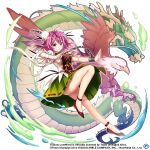  1girl bandaged_arm bandages bird breasts bun_cover chain copyright cuffs double_bun dragon eagle fighting_stance flower green_skirt hair_bun ibaraki_kasen large_breasts light_smile looking_at_viewer official_art pink_eyes pink_flower pink_hair pink_rose pleated_skirt red_footwear red_tabard rose rotte_(1109) shackles shirt skirt solo touhou touhou_lost_word transparent_background white_shirt 