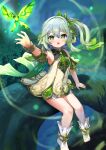  1girl :o blurry blurry_background blush bracer braid cross-shaped_pupils crystalfly_(genshin_impact) detached_sleeves dress floating_hair full_body genshin_impact glowing gold_trim gradient_hair green_eyes green_hair hair_ornament highres in_tree leaf_hair_ornament long_hair looking_at_viewer multicolored_hair nahida_(genshin_impact) nature open_mouth outdoors outstretched_hand plant pointy_ears short_dress short_sleeves side_ponytail sitting sitting_in_tree sleeveless sleeveless_dress socks solo stirrup_legwear thighs toeless_legwear toes tree two-tone_hair white_hair white_socks yoshizawa_tsubaki 