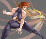 1girl abs absurdres banryu_illust bare_arms bare_shoulders biceps blonde_hair body_markings breasts cleavage clenched_hand facial_mark fighting_stance fuuma_kotarou_(tenkaichi) gradient_hair grey_background halterneck highres japanese_clothes large_breasts long_hair looking_at_another looking_to_the_side multicolored_hair muscular muscular_female open_hand orange_hair red_eyes red_hair smile smirk smug tenkaichi_nihon_saikyou_bugeisha_ketteisen thick_thighs thighs 