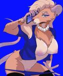  5_fingers anthro areola blonde_hair blue_background blue_clothing blue_eyeliner blue_eyes blue_panties blue_shirt blue_topwear blue_underwear bottomless breasts buckteeth chest_tuft clothed clothing clothing_pull ear_piercing female fingers fur gem genitals hair hi_res holding_object holding_phone jewelry leaning leaning_forward legwear looking_at_viewer mammal multicolored_body multicolored_fur murid murine necklace nipples open_clothing open_shirt open_topwear panties panties_down panty_pull partially_clothed pearl_(gem) pearl_necklace phone piercing pink_areola pink_nipples pussy rat rexumin rodent shirt simple_background solo stading tan_body tan_fur teeth thigh_gap thigh_highs topwear tuft two_tone_body two_tone_fur underwear underwear_down underwear_pull whiskers wristband 