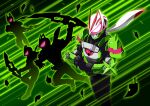  1boy animal_ears armor black_bodysuit bodysuit clone desire_driver driver_(kamen_rider) fighting_stance fox_ears fox_mask gears glowing glowing_eyes gradient gradient_background green_armor green_background highres kamen_rider kamen_rider_geats kamen_rider_geats_(series) kitsune leaf mask ninja ninja_buckle ninja_dueler otokamu pink_eyes pose red_eyes rider_belt scarf shadow shuriken standing sword tanuki upper_body weapon white_scarf wind yellow_background 