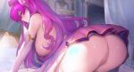  1girl ass ass_focus bangs bare_shoulders blurry blurry_background breasts censored closed_mouth detached_sleeves from_side kai&#039;sa large_breasts league_of_legends long_hair mosaic_censoring nipples pillow pink_eyes pink_hair pink_skirt pussy shiny shiny_skin skirt solo star_guardian_kai&#039;sa thighhighs turewindwalker 