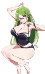  1girl arm_up bangs bare_shoulders barefoot black_panties blush bracelet breasts character_request cleavage closed_mouth collarbone commentary_request full_body glasses green_hair jewelry large_breasts legs long_hair looking_at_viewer megami-ryou_no_ryoubo-kun panties parted_bangs purple_eyes red-framed_eyewear relaxjon signature simple_background sitting smile solo underwear white_background 