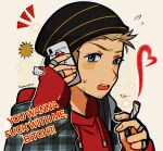  1boy absurdres beanie blonde_hair blue_eyes breaking_bad cellphone charisma_break cigarette commentary english_commentary hat hello_kitty hello_kitty_(character) highres holding holding_cigarette holding_phone hood hoodie huyandere jesse_pinkman male_focus open_mouth phone portrait profanity red_hoodie smartphone smoking solo sweatdrop 