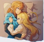  1boy 1girl bangs blue_eyes earrings green_eyes green_shirt hair_between_eyes highres hug jewelry link long_hair long_sleeves lying medium_hair on_side pillow pointy_ears ponytail princess_zelda shiny shiny_hair shirt tearing_up the_legend_of_zelda upper_body wufaxianshi_cnd 