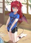  ahoge barefoot bat_wings black_shorts blue_eyes blue_shirt clothes_writing cooler crescent crescent_hair_ornament dated demon_tail hair_ornament heterochromia highres horns indoors kneeling looking_at_viewer medium_hair nijisanji popsicle_in_mouth red_eyes red_hair shiisaa3 shirt shorts tail two_side_up virtual_youtuber wings yuzuki_roa 
