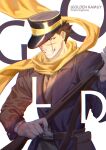  1boy absurdres black_eyes black_hair commentary_request gloves golden_kamuy gun hat highres holding holding_gun holding_weapon looking_ahead military military_hat military_uniform open_mouth scar scar_on_face scarf shipl short_hair smile solo sugimoto_saichi teeth uniform weapon 