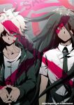  2boys bangs blood blood_on_face brown_hair closed_mouth collarbone collared_shirt copyright_name cosplay danganronpa_(series) danganronpa_2:_goodbye_despair danganronpa_v3:_killing_harmony green_jacket green_necktie grey_hair grey_shirt hair_between_eyes highres hinata_hajime hinata_hajime_(cosplay) hood hood_down hooded_jacket jacket kamukura_izuru komaeda_nagito long_hair male_focus medium_hair messy_hair multiple_boys necktie open_clothes open_jacket own_hands_together pink_blood print_shirt red_eyes shiny shiny_hair shirt shizu_(9394marimo) upper_body white_shirt 