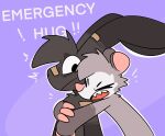  absurd_res anthro band-aid band-aid_on_nose bandage black_body black_fur cheek_tuft chest_tuft dialogue didelphid duo embrace english_text eyes_closed facial_tuft fur grey_body grey_fur hi_res hug hugging_from_behind lagomorph leporid male male/male mammal marsupial nick_(the_xing1) open_mouth pink_body pink_skin purple_background rabbit roy_(the_xing1) sharp_teeth simple_background teeth text the_xing1 tuft wide_eyed 