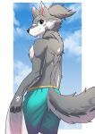  anthro back_tuft black_nose blue_bottomwear blue_clothing blue_pants blue_sky bottomwear canid canine canis cheek_tuft chest_tuft closed_smile clothed clothing cloud facial_tuft fur glistening glistening_eyes green_eyes grey_body grey_fur looking_at_viewer male mammal mouth_closed pants penguinexperience portrait signature sky solo standing three-quarter_portrait three-quarter_view topless tuft white_body white_fur wolf 