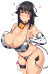  1girl absurdres animal_ears animal_print bangs bare_shoulders bell black_collar black_hair blush bottle bouhatei_(t-back) breasts cleavage closed_mouth collar cow_ears cow_girl cow_horns cow_print cow_tail elbow_gloves gloves heart highres horns huge_breasts looking_at_viewer medium_hair milk_bottle neck_bell original purple_eyes simple_background tail thigh_strap white_background 