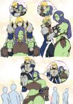  abs armor big_breasts blonde_hair blue_hair blush breasts clothed clothing female fur green_body green_fur group hair human humanoid humanoid_pointy_ears kyabosean male mammal muscular muscular_female orc simple_background size_difference skimpy 