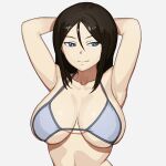  1girl absurdres armpit_crease arms_behind_head arms_up bangs bare_shoulders bikini black_hair blue_eyes breasts closed_mouth collarbone girls_und_panzer grey_bikini hair_between_eyes highres large_breasts long_hair looking_at_viewer nonna_(girls_und_panzer) onsen_tamago_(hs_egg) parted_bangs simple_background smile solo stomach swimsuit upper_body white_background 