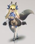  anthro blonde_hair blue_eyes bottomless clothed clothing dragon female hair hi_res legwear solo thick_thighs thigh_highs utterangle 