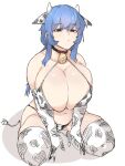  1girl animal_ears animal_print bangs bare_shoulders bell belly black_eyes blue_hair bra breasts character_request closed_mouth collarbone commentary copyright_request cow_ears cow_print cowbell elbow_gloves full_body gimmogu gloves hair_between_eyes highres horns huge_breasts long_hair looking_at_viewer navel panties sidelocks simple_background sitting sketch solo symbol-only_commentary thighhighs underwear white_background 