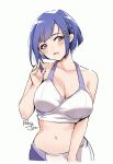 1girl bangs bare_shoulders blue_hair blush bokutachi_no_remake braid breasts brown_eyes character_request cleavage collarbone commentary_request hair_ornament hairclip highres large_breasts looking_at_viewer medium_hair navel open_mouth relaxjon shorts sidelocks signature simple_background sleeveless solo sportswear standing stomach white_background 